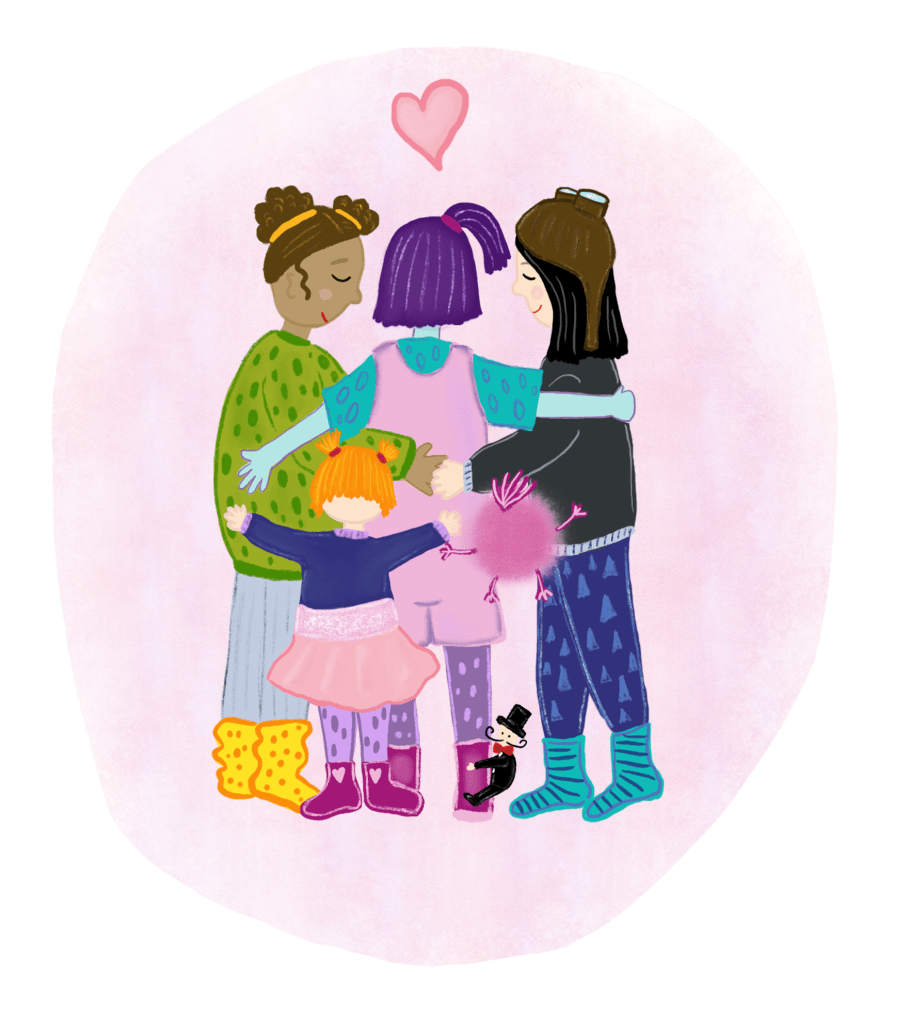 Kuvituskuva kirjasta. Kaverukset Kosmo, Ada, Sofi, Viima ja Tuike halaavat toisiaan. 